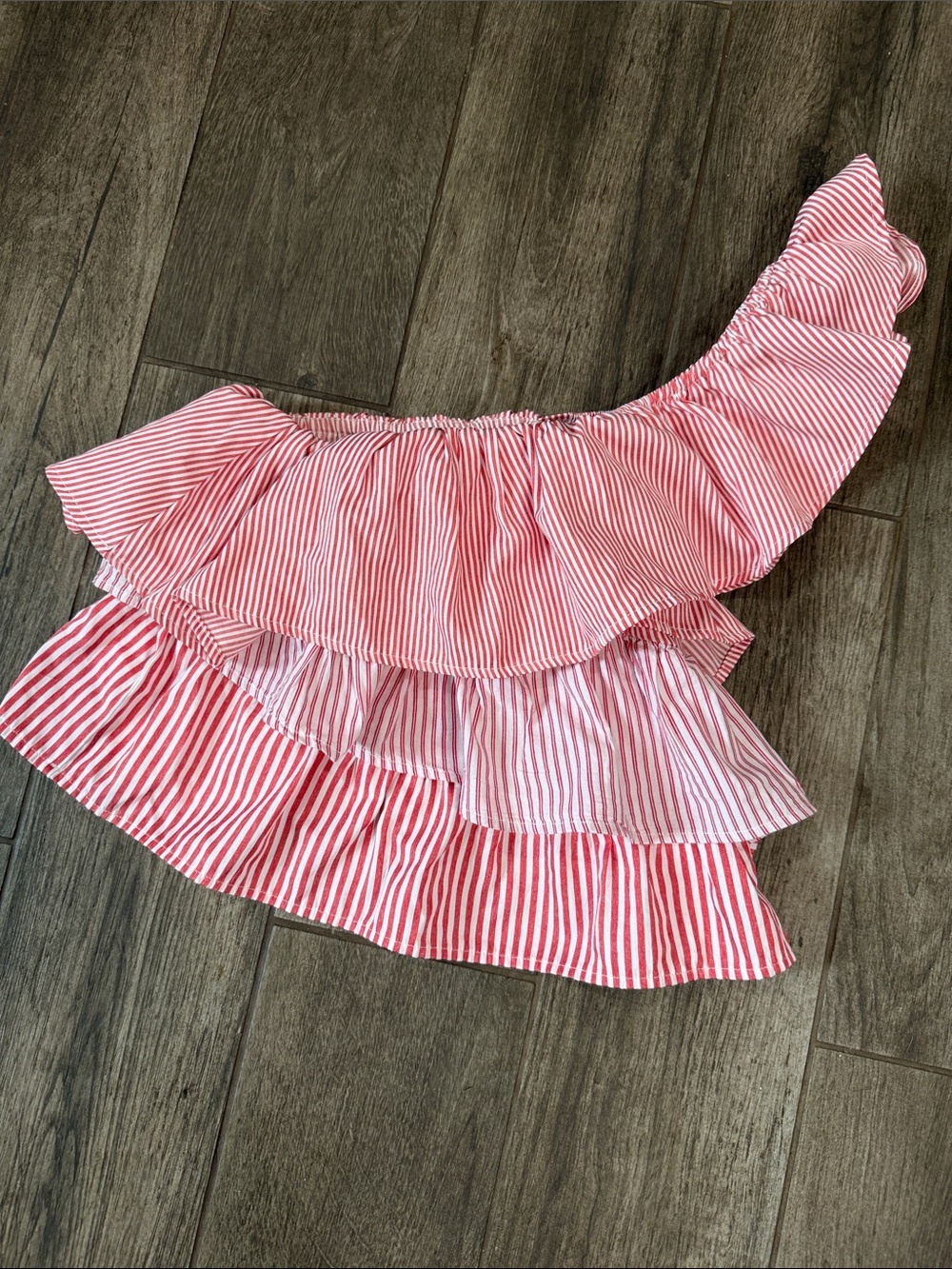 Vici Red and White Striped Ruffle One shoulder Top